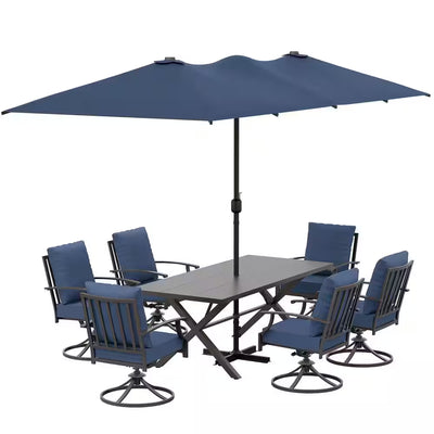7-Piece Metal Patio Outdoor Dining Set with 6 Swivel Chairs, Large Table, Umbrella and Navyblue Cushions