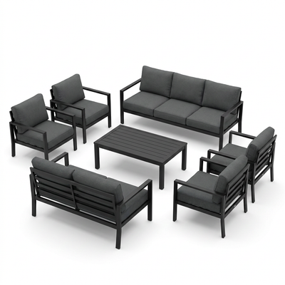 Aluminum Patio Furniture Set Built for All-Weather Use, 7 Piece Metal Frame, Waterproof Covers, 5-Inch Cushions