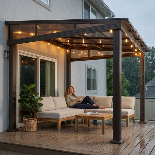 Wall Mount Pergola Built to Last Decades, Aluminum Frame, UV Resistant Roof, 10x12 Coverage