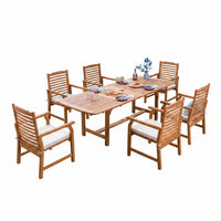 Wood Patio Dining Set Built to Extend Gatherings, Acacia Wood Construction, 6 Chairs, Beige Cushions