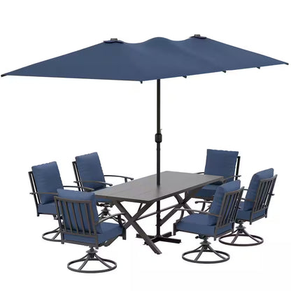 7-Piece Metal Patio Outdoor Dining Set with 6 Swivel Chairs, Large Table, Umbrella and Navyblue Cushions