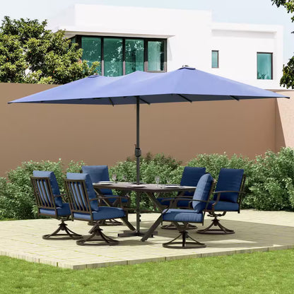 7-Piece Metal Patio Outdoor Dining Set with 6 Swivel Chairs, Large Table, Umbrella and Navyblue Cushions