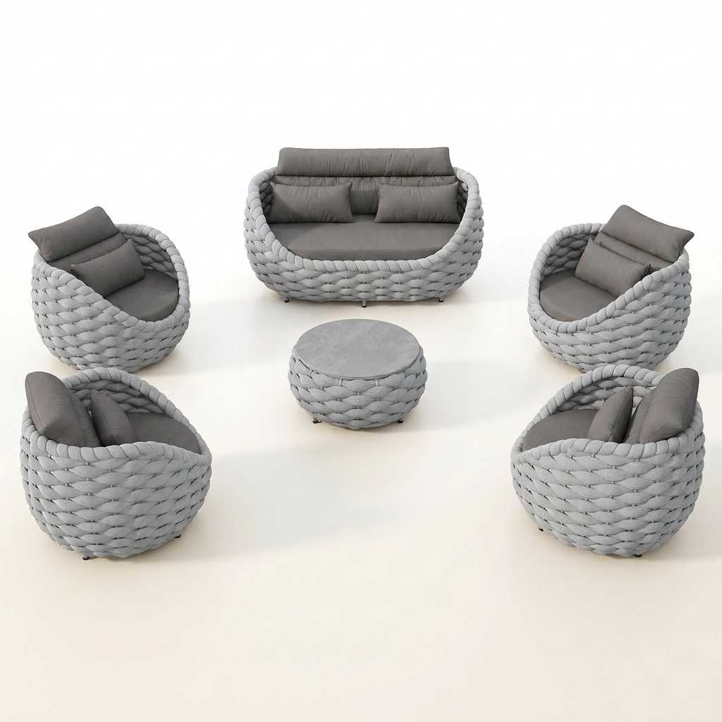 6-Piece Aluminum Patio Furniture Set, Olefin Rope Modern Outdoor Conversation Set Sectional Sofa with Water Repellent Thick Cushions and Coffee Table for Balcony, Garden, Light Grey — Studio Shot