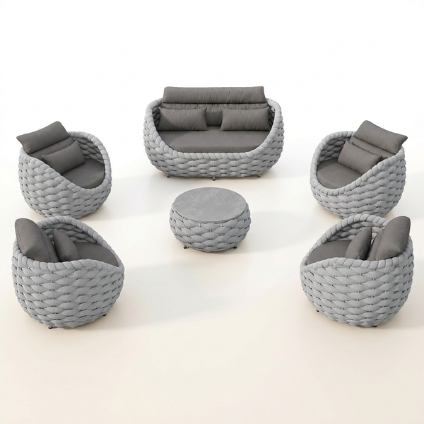 6-Piece Aluminum Patio Furniture Set, Olefin Rope Modern Outdoor Conversation Set Sectional Sofa with Water Repellent Thick Cushions and Coffee Table for Balcony, Garden, Light Grey — Studio Shot