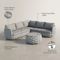 6-Piece Aluminum Patio Furniture Set, Olefin Rope Modern Outdoor Conversation Set Sectional Sofa with Water Repellent Thick Cushions and Coffee Table for Balcony, Garden, Light Grey — infographic