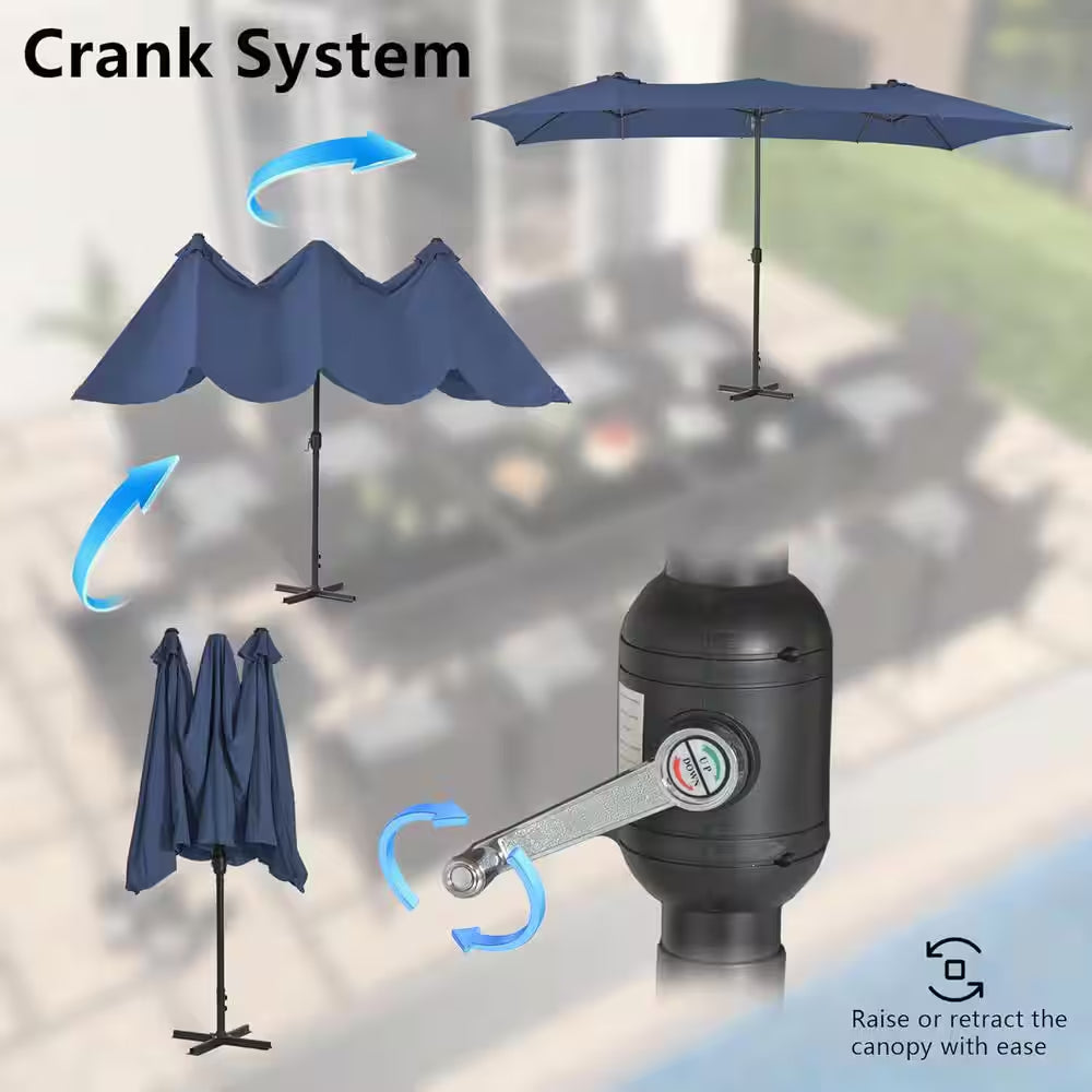 7-Piece Metal Patio Outdoor Dining Set with 6 Swivel Chairs, Large Table, Umbrella and Navyblue Cushions