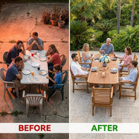 Brown 7-Piece Wood Patio Outdoor Dining Set with Extendable Table and Wood Chairs with Beige Cushion — Before & After