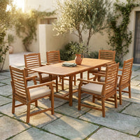 Brown 7-Piece Wood Patio Outdoor Dining Set with Extendable Table and Wood Chairs with Beige Cushion — Studio Shot
