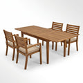 Wood Patio Dining Set Built to Extend Gatherings, Acacia Wood Construction, 6 Chairs, Beige Cushions