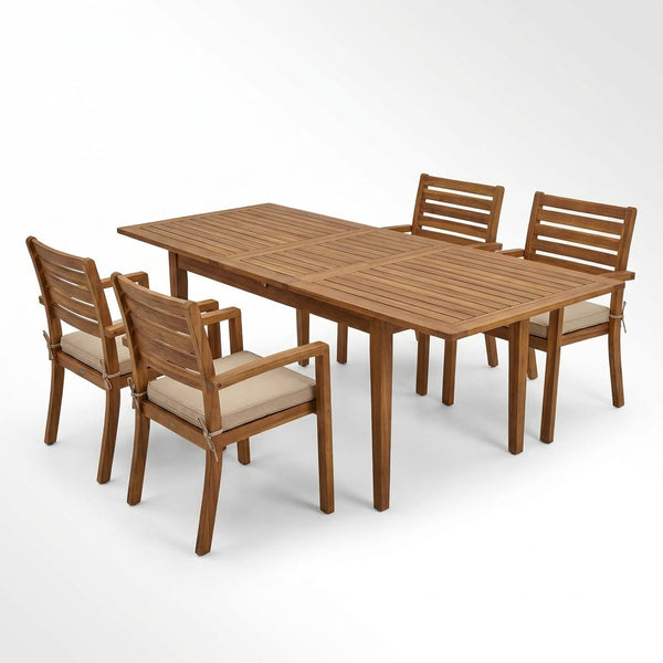 Brown 7-Piece Wood Patio Outdoor Dining Set with Extendable Table and Wood Chairs with Beige Cushion — Studio Shot