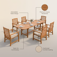 Brown 7-Piece Wood Patio Outdoor Dining Set with Extendable Table and Wood Chairs with Beige Cushion — infographic