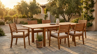 Brown 7-Piece Wood Patio Outdoor Dining Set with Extendable Table and Wood Chairs with Beige Cushion — Lifestyle