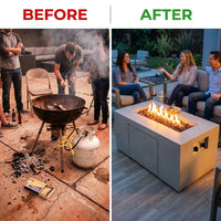Concrete Outdoor Propane Fire Pit Table, 50,000 BTU Square Gas Fire Table with Adjustable Flame, Lava Rocks, Weather-Resistant Design, and Protective Cover for Patio, Deck, or Backyard — Before & After