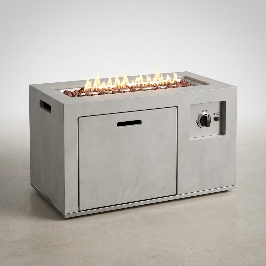 Concrete Outdoor Propane Fire Pit Table, 50,000 BTU Square Gas Fire Table with Adjustable Flame, Lava Rocks, Weather-Resistant Design, and Protective Cover for Patio, Deck, or Backyard — Studio Shot