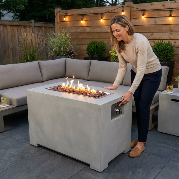 Outdoor Propane Fire Pit Table Built for Year-Round Use, 50,000 BTU, Concrete Top, Hidden Tank Storage
