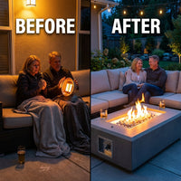 Rectangular Fire Pit Table Designed for Outdoor Entertaining, Concrete Construction, Ceramic Wind Guard, Multi-Function — Before & After