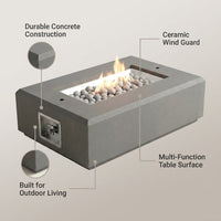 Rectangular Fire Pit Table Designed for Outdoor Entertaining, Concrete Construction, Ceramic Wind Guard, Multi-Function — infographic