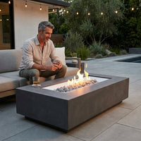 Rectangular Fire Pit Table Designed for Outdoor Entertaining, Concrete Construction, Ceramic Wind Guard, Multi-Function — Lifestyle