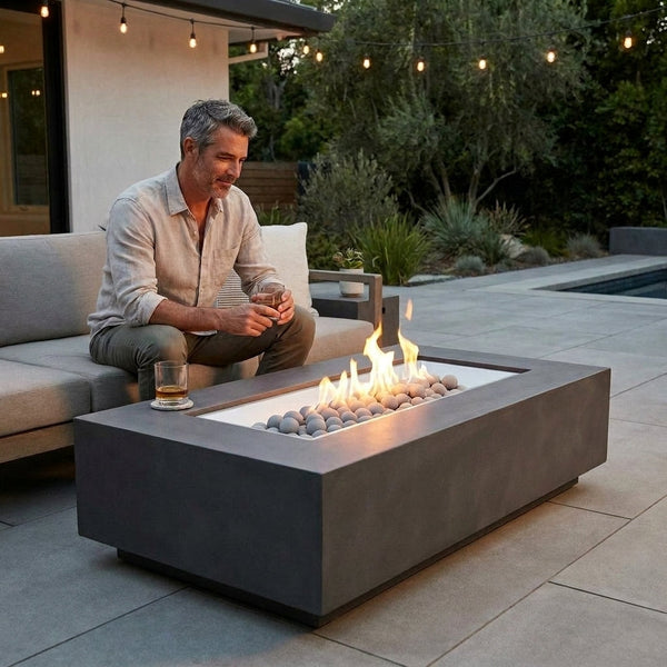 Outdoor Fire Pit Table Designed for Multi-Function Use, Concrete Construction, Ceramic Wind Guard, Rectangular