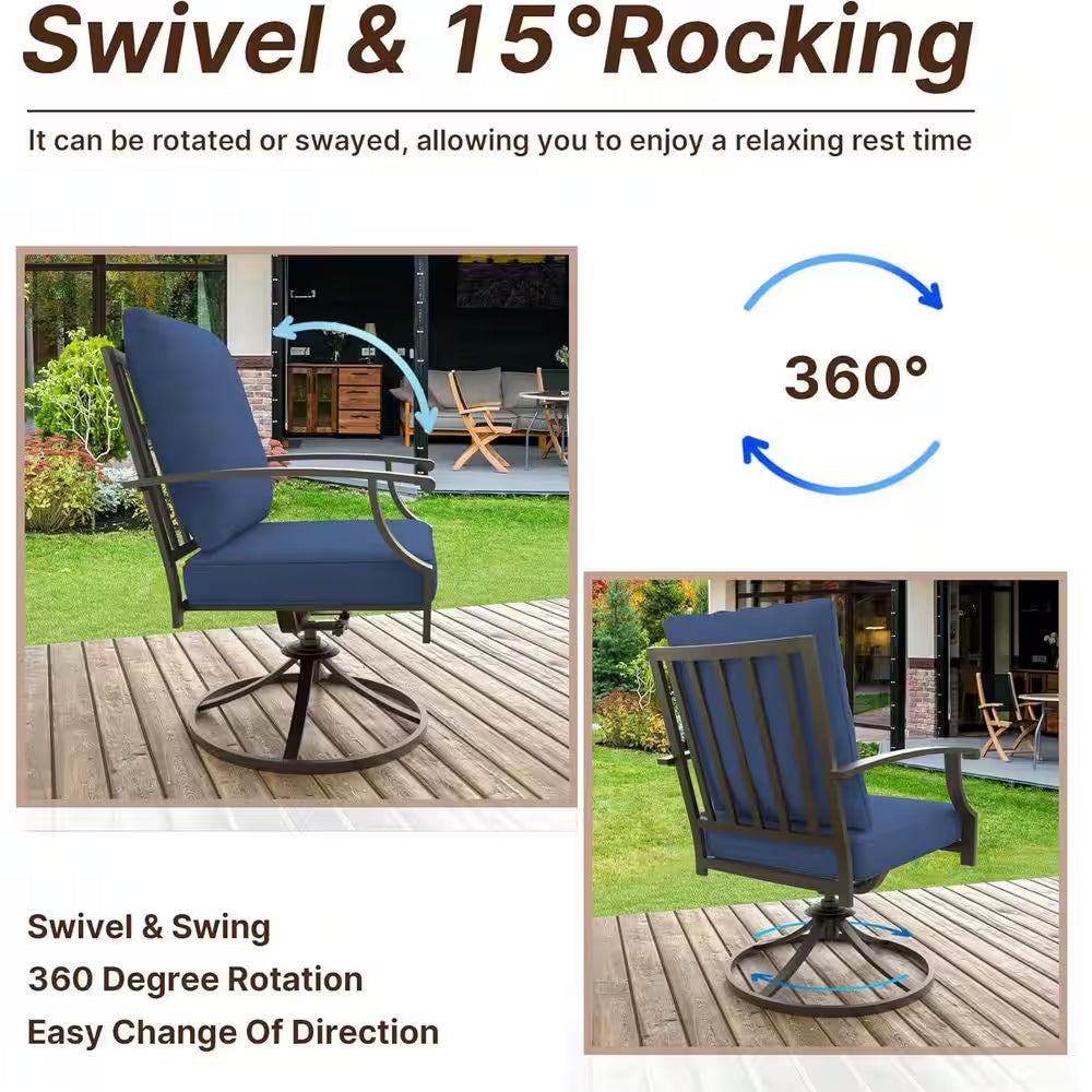 7-Piece Metal Patio Outdoor Dining Set with 6 Swivel Chairs, Large Table, Umbrella and Navyblue Cushions