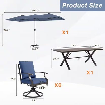 7-Piece Metal Patio Outdoor Dining Set with 6 Swivel Chairs, Large Table, Umbrella and Navyblue Cushions