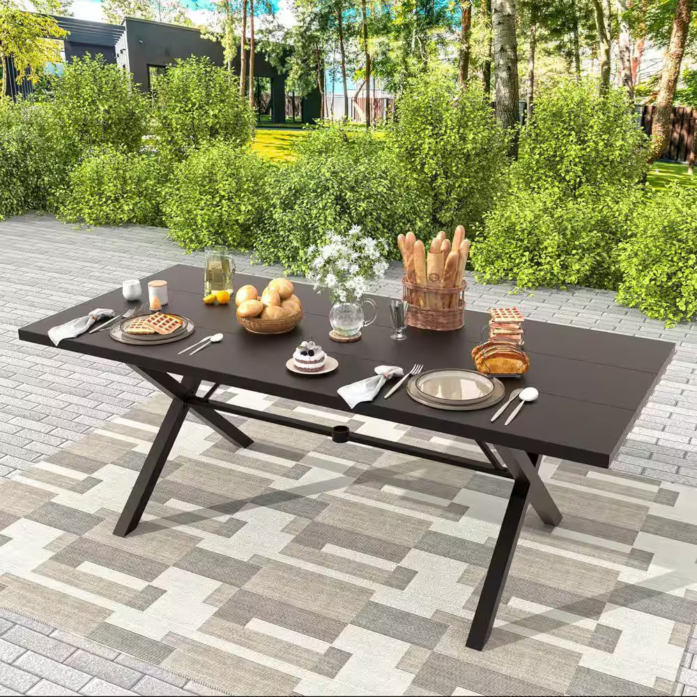 7-Piece Metal Patio Outdoor Dining Set with 6 Swivel Chairs, Large Table, Umbrella and Navyblue Cushions